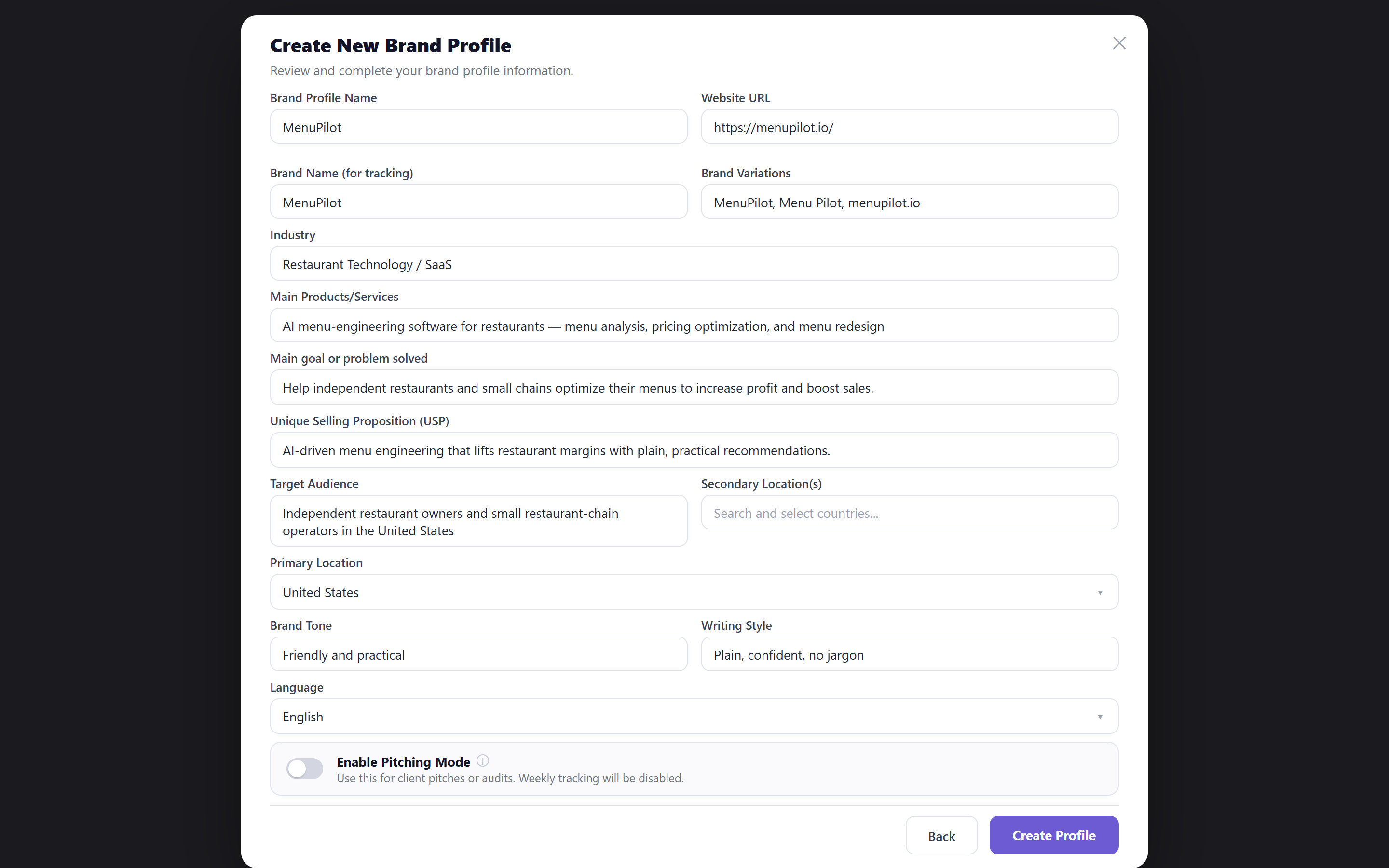 the full form, filled in after Sarah pasted menupilot.io