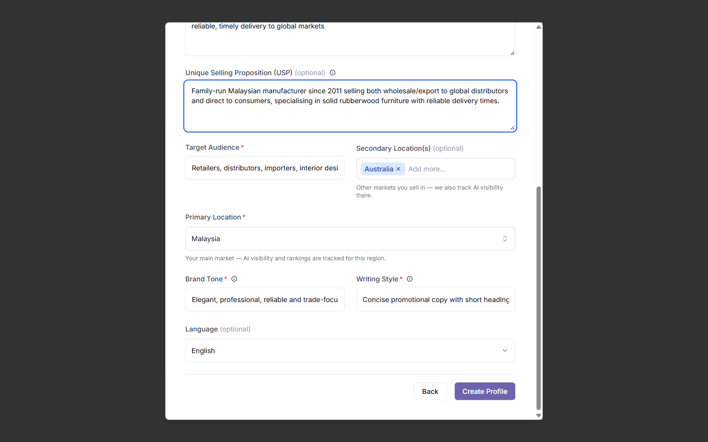 Zicy profile form auto-filled from a furniture exporter’s website, showing the Secondary Location field