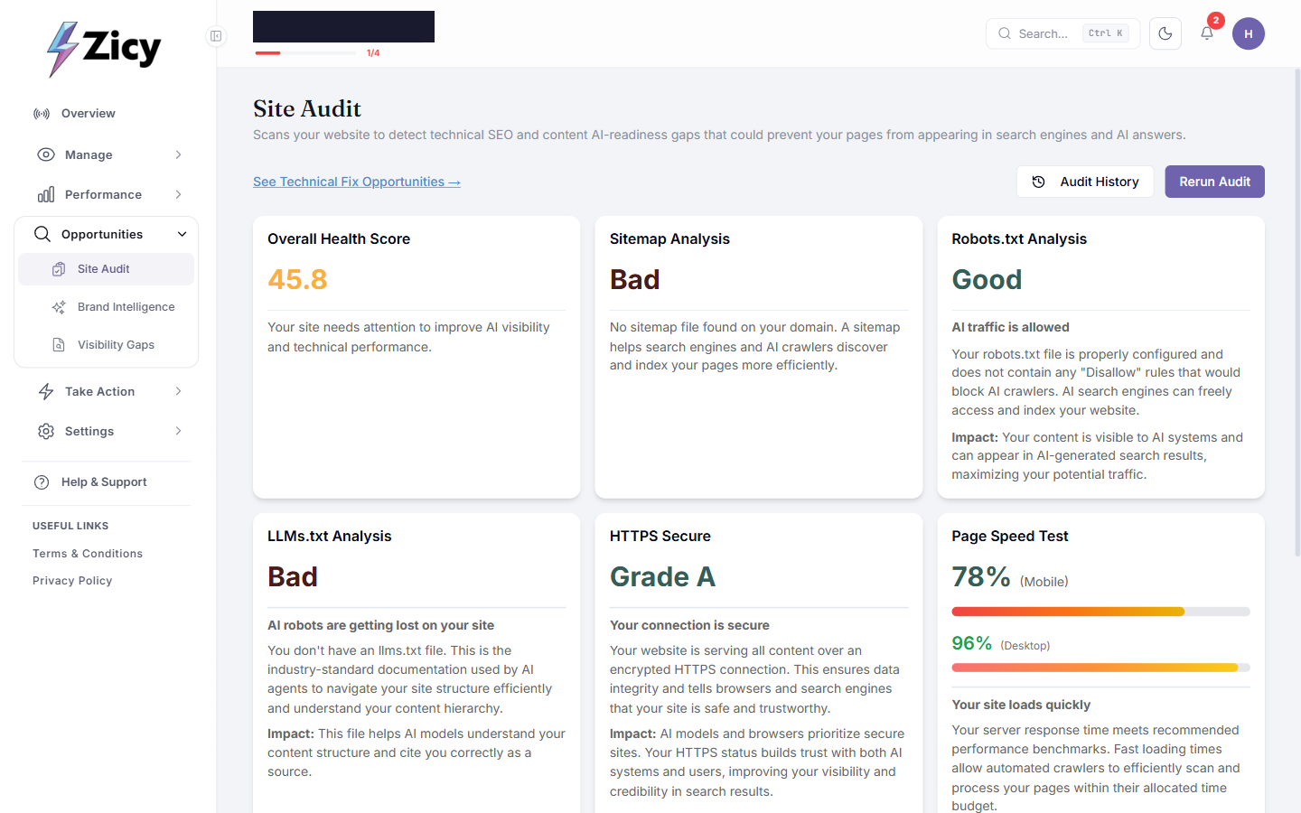 Completed Site Audit report for the exporter showing the 45.8/100 health score and per-check results