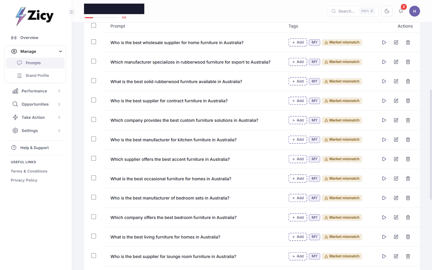 Fifteen auto-generated buyer-intent prompts, all flagged with a market mismatch warning against Australia