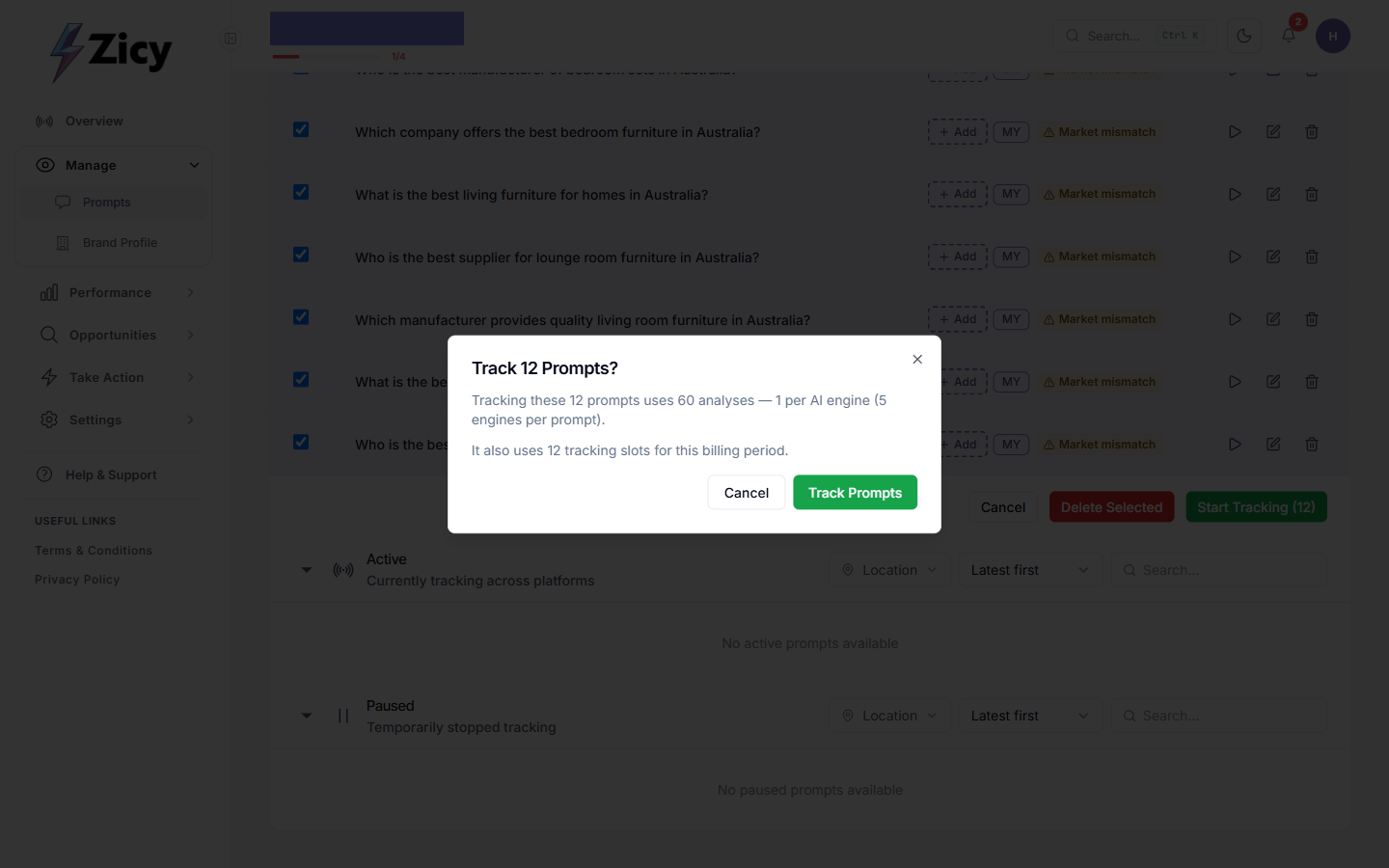 Cost-transparency dialog before tracking starts, and the confirmation toast once it does