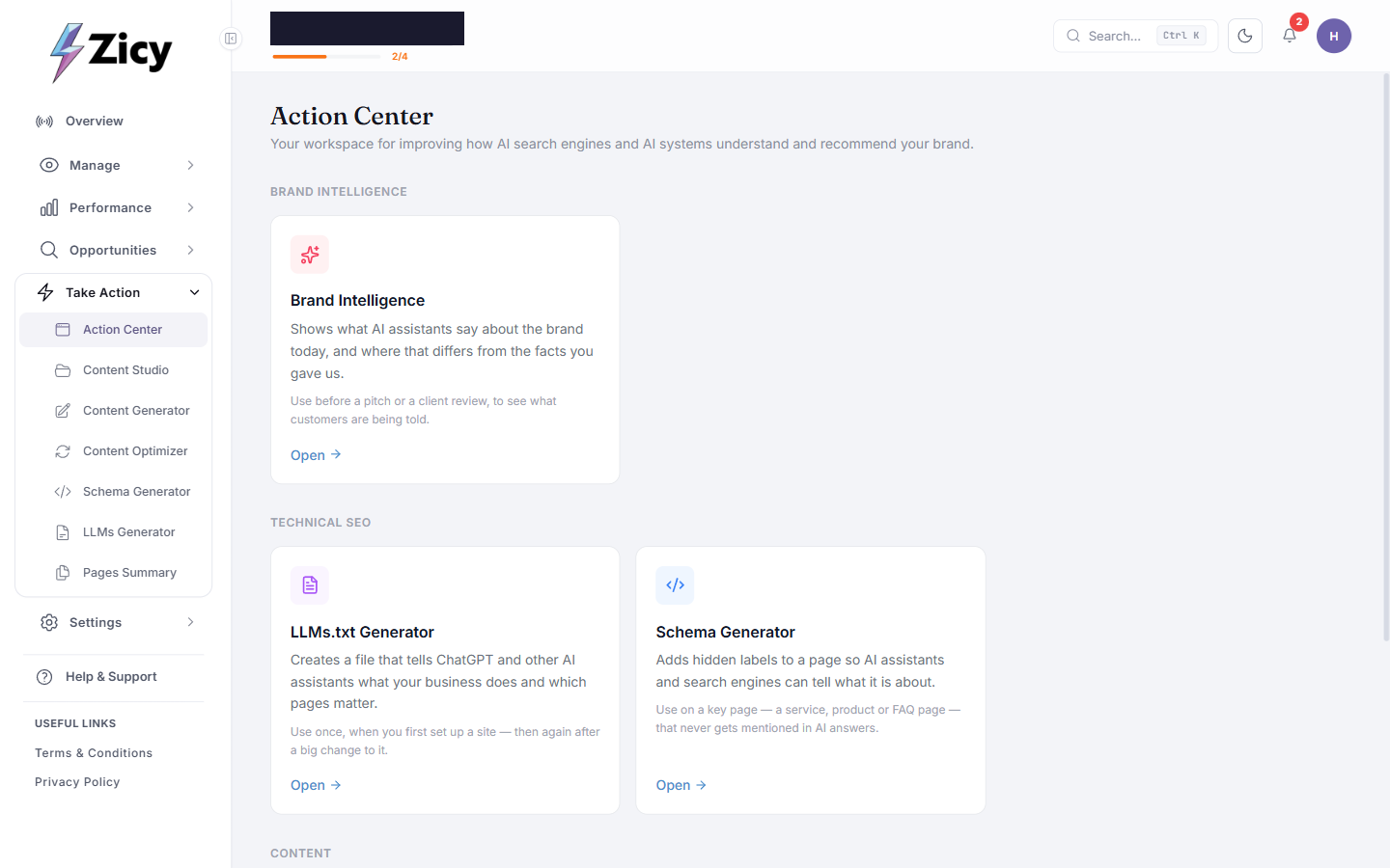 Action Center showing every tool grouped by purpose