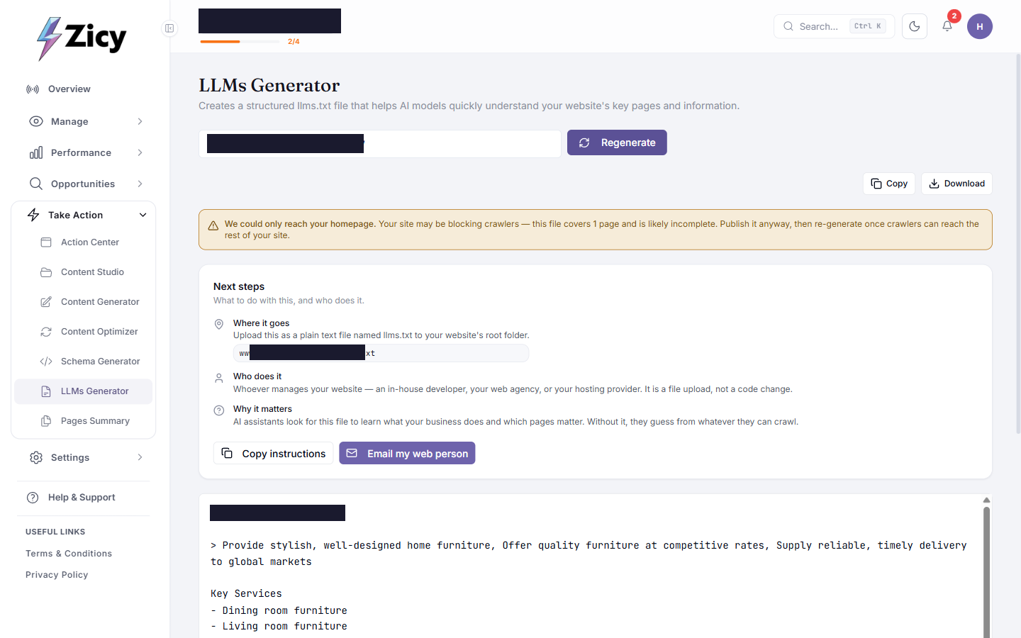 LLMs.txt Generator result with the partial-coverage warning and the Next steps panel