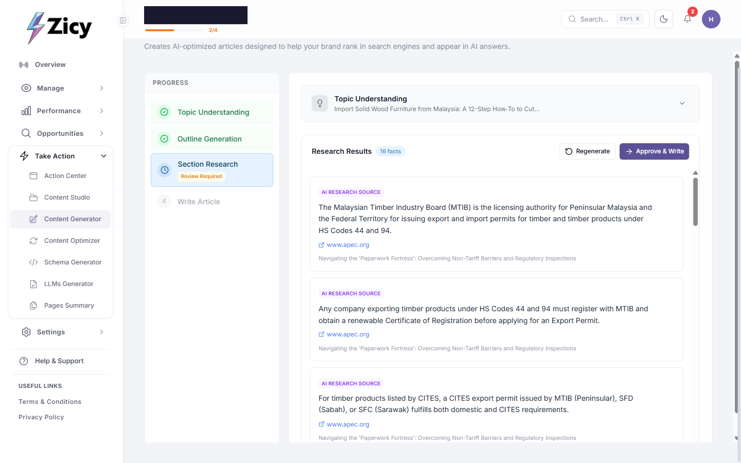 Section Research stage showing sourced facts with clickable citation links
