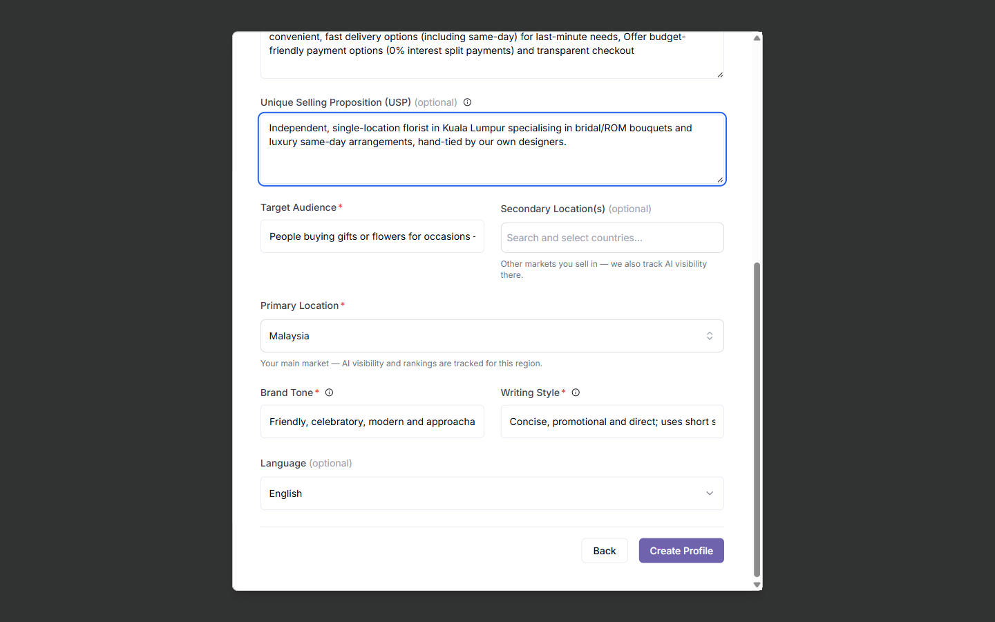 Zicy profile form auto-filled from a florist’s website, including Target Audience and an empty Secondary Location field