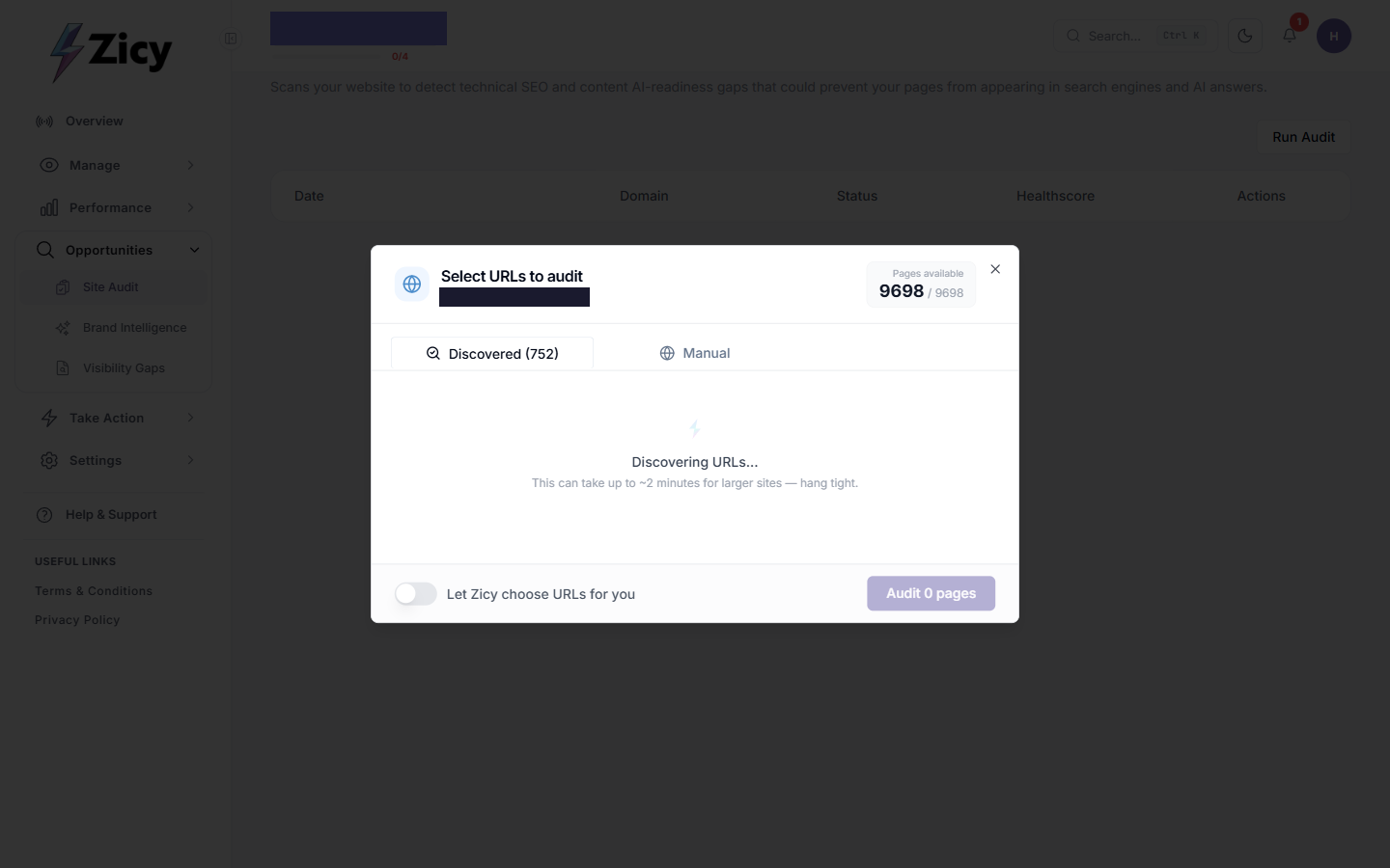 Select URLs to audit screen showing 752 discovered pages and the Let Zicy choose URLs for you toggle