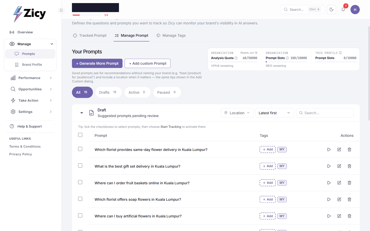 Fifteen auto-generated, hyperlocal prompts with no market mismatch flags