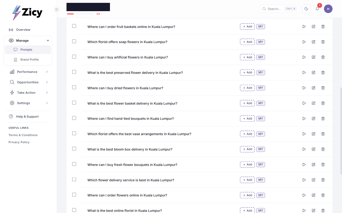 The fuller list of fifteen auto-generated prompts, with no wedding prompt anywhere in it