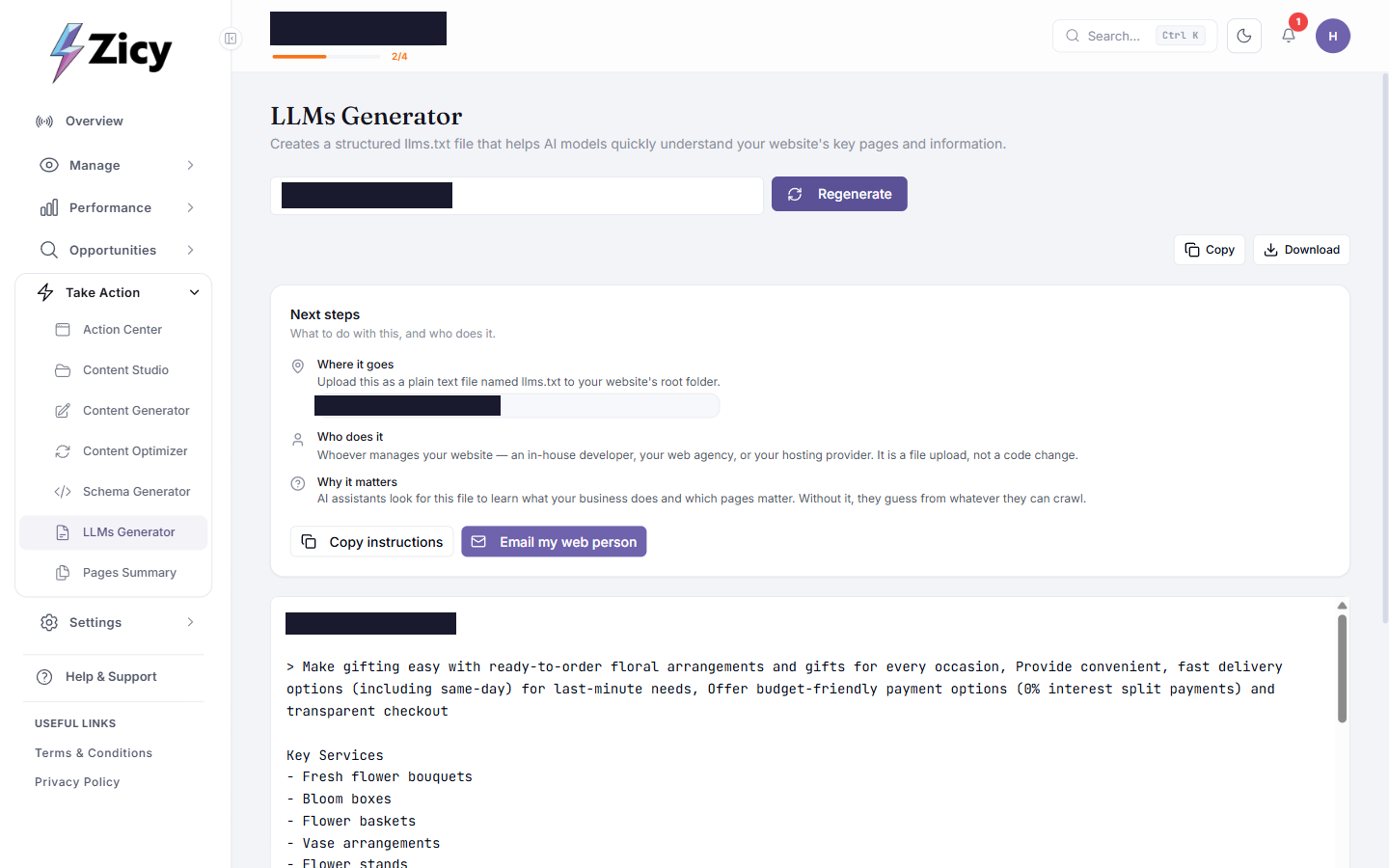 LLMs.txt file generated cleanly, with no crawler-blocked warning