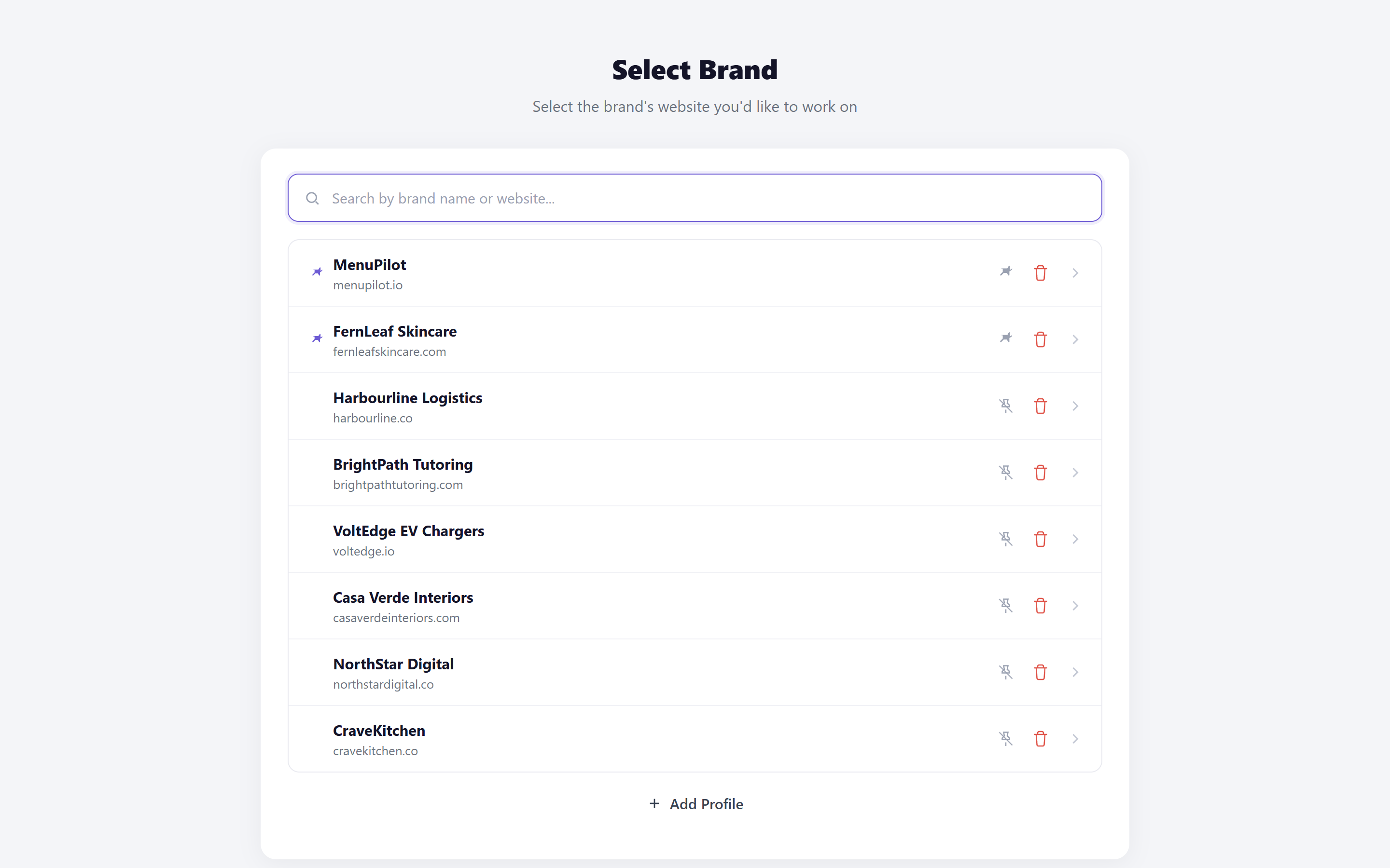 Marcus’s client list, with his two most active clients pinned to the top